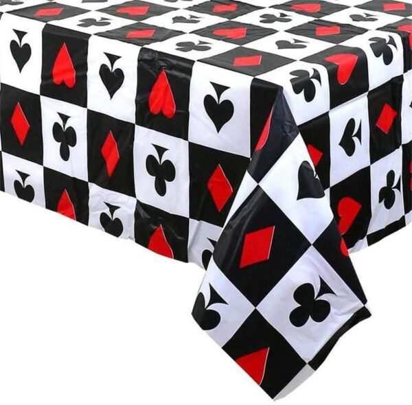A Poker Themed Birthday Party Decorations Casino Poker and Magic Plastic Tablecloth, 54 x 108 inches, Disposable Table Cover with playing cards on it. GETT Part CQD104.
