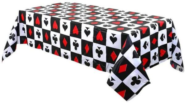 A black and red tablecloth with playing cards on it.

Poker Themed Birthday Party Decorations Casino Poker and Magic Plastic Tablecloth, 54 x 108 inches, Disposable Table Cover. GETT Part CQD104