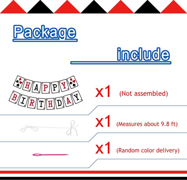 A package with instructions for the Casino Birthday Banner, Casino Night Poker Happy Birthday Sign, Adult Red Black Bday Party Bunting. GETT Part CQD105.