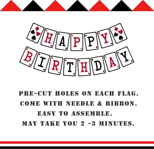 A Casino Birthday Banner, Casino Night Poker Happy Birthday Sign, Adult Red Black Bday Party Bunting with the words happy birthday. GETT Part CQD105
