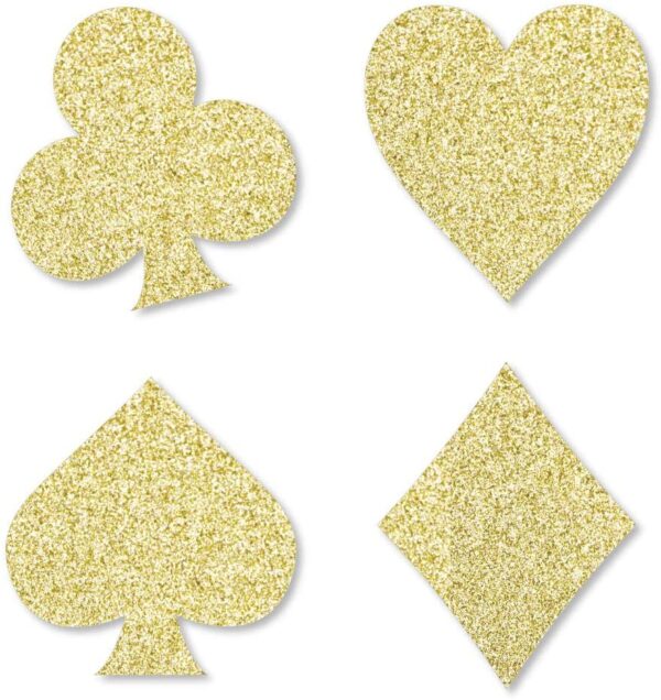 Four Gold Glitter Card Suits - No-Mess Real Gold Glitter Cut-Outs - Las Vegas and Casino Party Confetti - Set of 24 on a white background. GETT Part CQD106