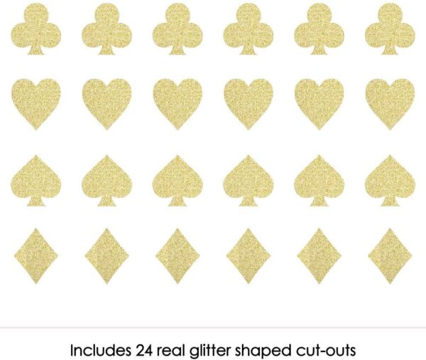 A set of Gold Glitter Card Suits - No-Mess Real Gold Glitter Cut-Outs - Las Vegas and Casino Party Confetti - Set of 24. GETT Part CQD106 shaped cut outs.