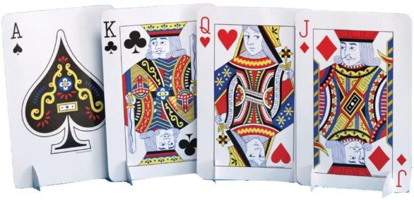 Four Creative Converting 4-Piece Stand Up Centerpiece Decorations, Card Night, Multicolor playing cards are shown on a white background.