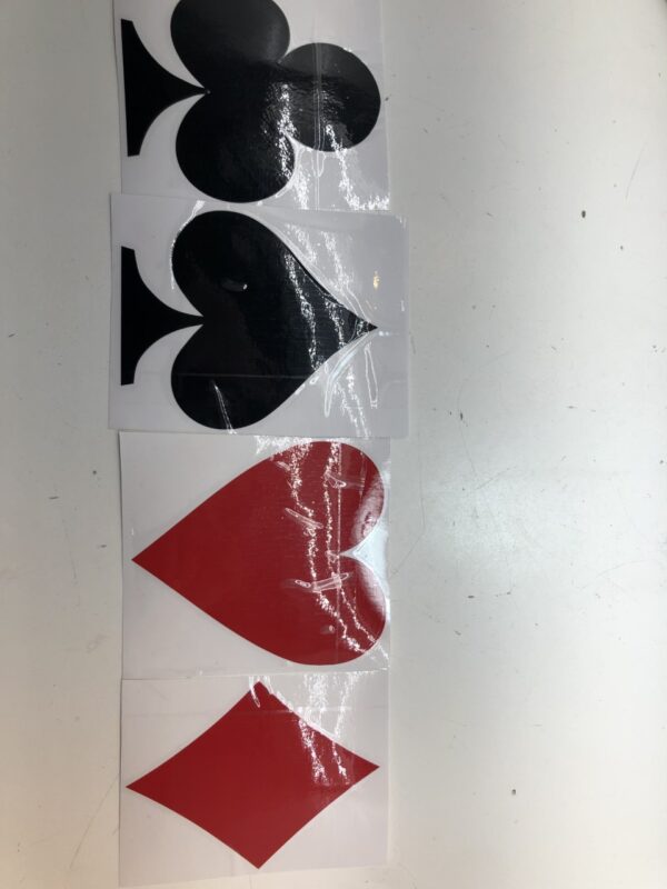 Four XL Poker Card Suits 5" Stickers- Casino Las Vegas stickers on a white surface.