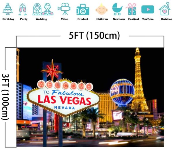 The Welcome to Las Vegas Backdrop Casino City Night Scenery Background 5x3ft Vinyl Billboard Banner Themed Party Decoration Backdrops and the Eiffel Tower.
