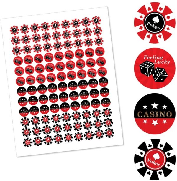 A set of Las Vegas - Casino Party Round Candy Sticker Favors - Labels Fit Hershey’s Kisses (1 Sheet of 108) with black and red designs.