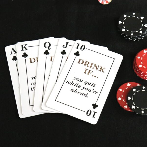 A set of Drink If Game - Las Vegas - Casino Party Game - 24 Count poker playing cards and chips with the words drink it.