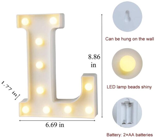 A LED Marquee Letter Light L with lights and measurements.