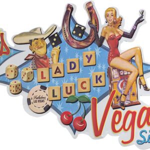 Las Vegas Lady Luck Embossed Metal Wall Decor Sign for Bar, Garage or Man Cave sign.
