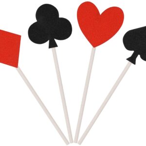 A set of Donoter 36 Pcs Glitter Casino Night Poker Theme Cupcake Toppers Las Vegas Party Cake Picks Food Decoration with hearts and spades on sticks.