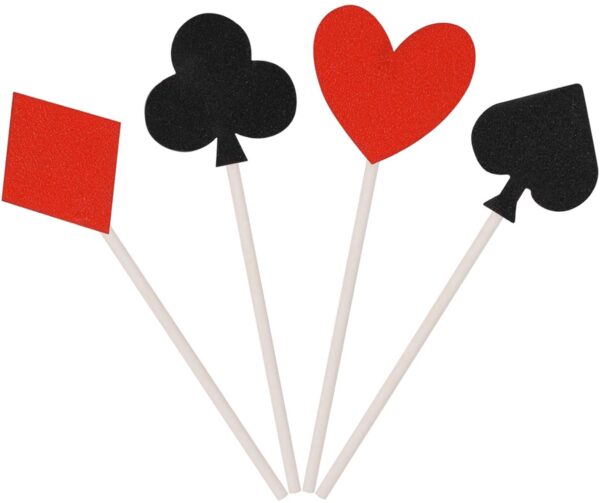 A set of Donoter 36 Pcs Glitter Casino Night Poker Theme Cupcake Toppers Las Vegas Party Cake Picks Food Decoration with hearts and spades on sticks.