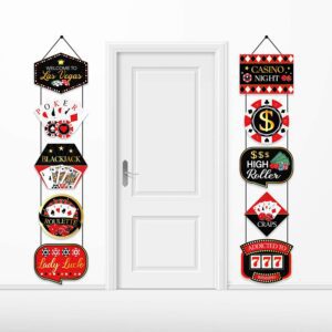 A door with a bunch of Large Las Vegas Action Sign Cutouts Casino Party Banner Casino Night Party Decorations Welcome Porch Sign for Las Vegas Themed Birthday Baby Shower Decorations 10count hanging on it.