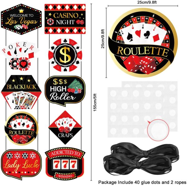 A set of Large Las Vegas Action Sign Cutouts Casino Party Banner Casino Night Party Decorations Welcome Porch Sign for Las Vegas Themed Birthday Baby Shower Decorations 10count stickers and labels for a casino party.