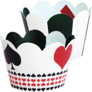 A set of Casino Party Decorations Poker Theme - Cupcake Wrappers 36 with playing cards on them.
