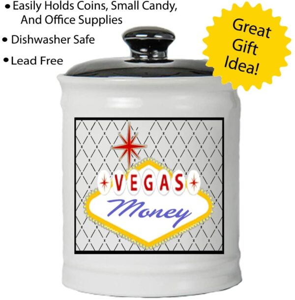 A jar with the words Round Ceramic Vegas Savings Jar with Black Lid on it.