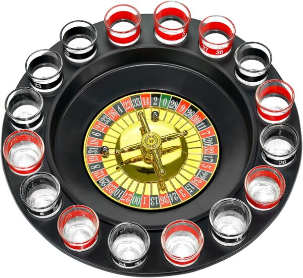 A Novelties Shot Glass Roulette Complete Set drinking game, 16PCS, Red/Black with red and black glasses.