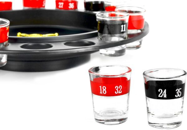 Novelties Shot Glass Roulette Complete Set drinking game with numbers on them.