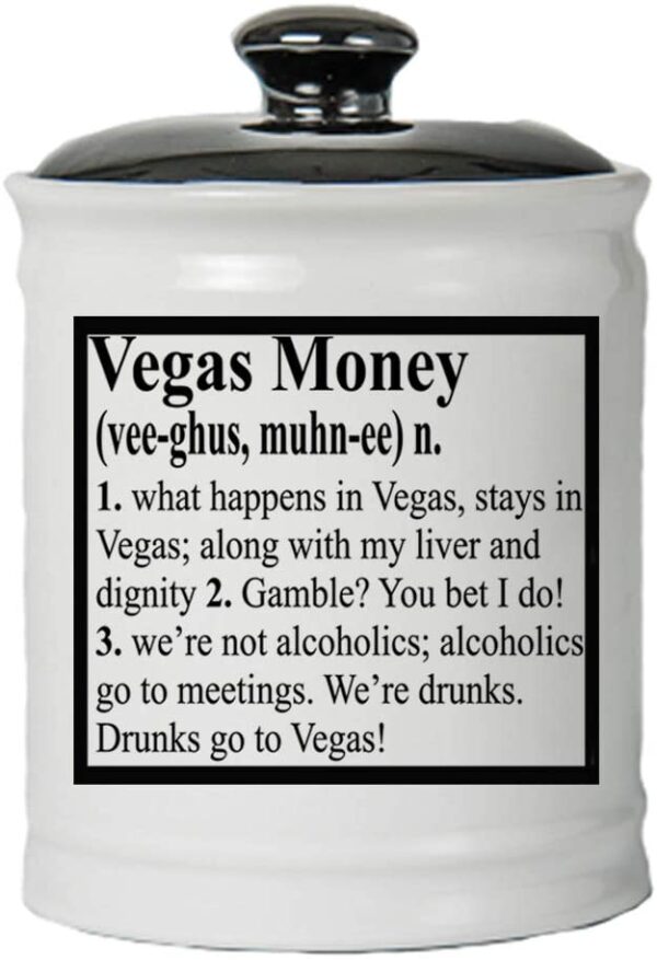 Vegas Fund Definition Money Bank, Round Ceramic Las Vegas Fund Savings Jar with Black Lid, Casino Slots Money Bank [White]. GETT Part CQG104 coffee jar.