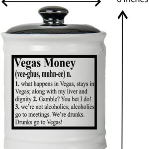 A Vegas Fund Definition Money Bank, Round Ceramic Las Vegas Fund Savings Jar with Black Lid, Casino Slots Money Bank [White] with measurements. GETT Part CQG104.