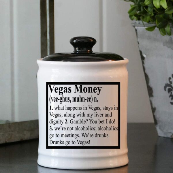 Vegas Fund Definition Money Bank, Round Ceramic Las Vegas Fund Savings Jar with Black Lid, Casino Slots Money Bank [White]. GETT Part CQG104.