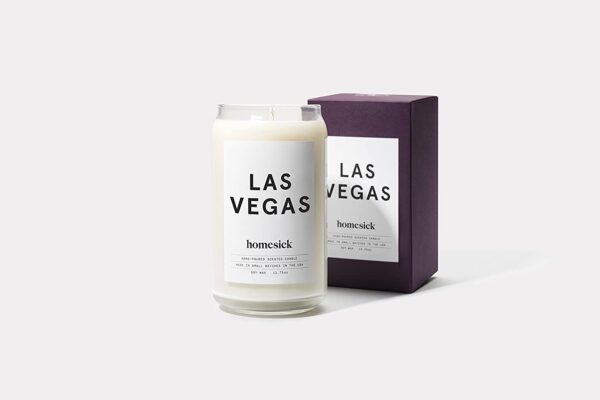 A Homesick Scented Candle, Las Vegas Desert sand and midnight air with the word las vegas on it. GETT Part CQG105.