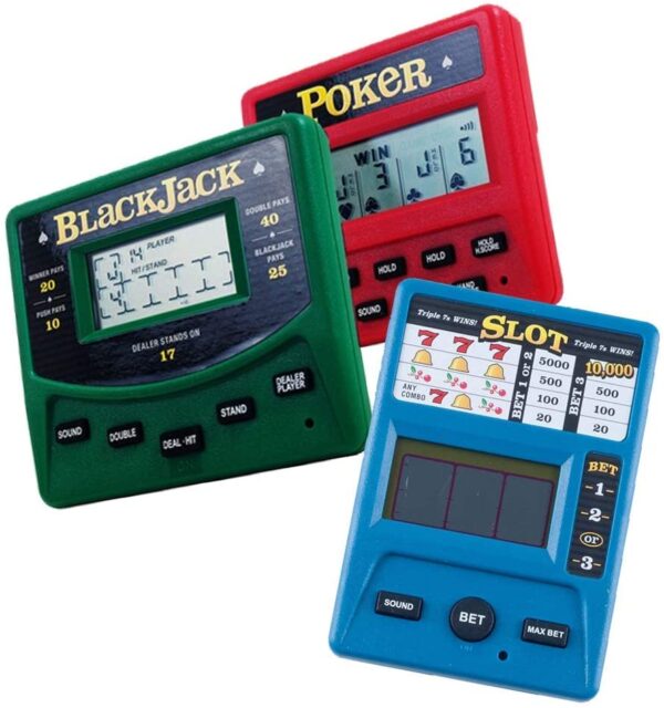 Three Electronic Blackjack, Slots, Poker handheld games with different colors.