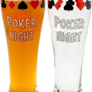 Two Pint Beer Glasses for Poker, Drinking Cups Set of 2 for Man Cave Card Games with poker night printed on them.