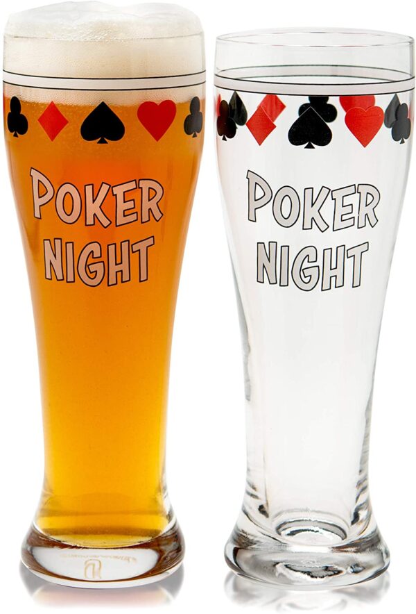 Two Pint Beer Glasses for Poker, Drinking Cups Set of 2 for Man Cave Card Games with poker night printed on them.