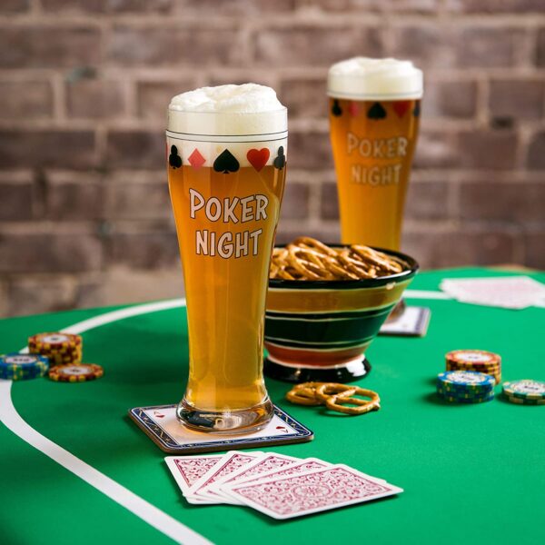 Two Pint Beer Glasses for Poker, Drinking Cups Set of 2 for Man Cave Card Games, Beer Gifts for Men with poker chips and pretzels on a green table.