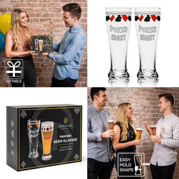 A couple holding Pint Beer Glasses for Poker, Drinking Cups Set of 2 for Man Cave Card Games, Beer Gifts for Men for Home Bar, Playing Card Suit Freezer Mugs 15oz, Texas Holdem Casino Glassware and a gift box.