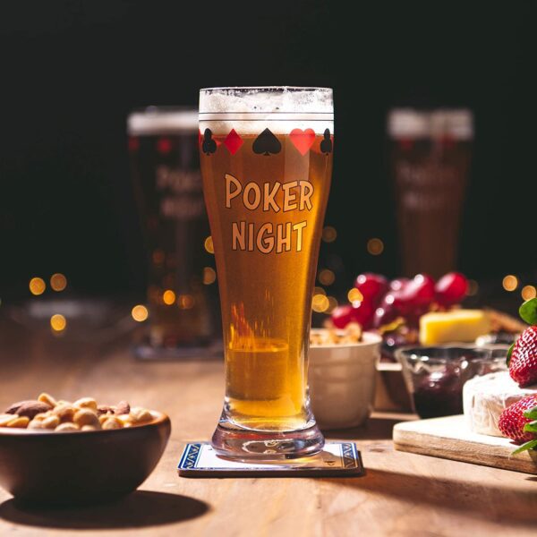 A Pint Beer Glasses for Poker, Drinking Cups Set of 2 for Man Cave Card Games, Beer Gifts for Men for Home Bar, Playing Card Suit Freezer Mugs 15oz, Texas Holdem Casino Glassware with poker night written on it.