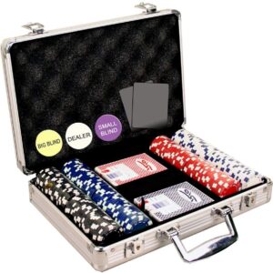 A DA VINCI 200 Dice Striped 11.5 Gram Poker Chip Set with Aluminum Case, Dealer Button, 2 Decks of Cards with poker chips and playing cards in it.