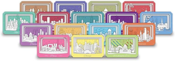 A set of WIZHEAD - THE HEAD IS A PUZZLE! - PaperTopia - Las Vegas - Paper City Skyline cards with cityscapes on them.