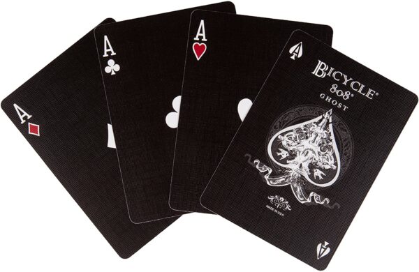 Four Ellusionist Bicycle Black Ghost Playing Cards - 2nd Edition on a white background.