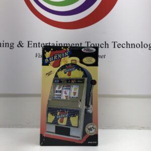 A Burning 7's Slot Machine Bank with Spinning Reels in front of a logo.