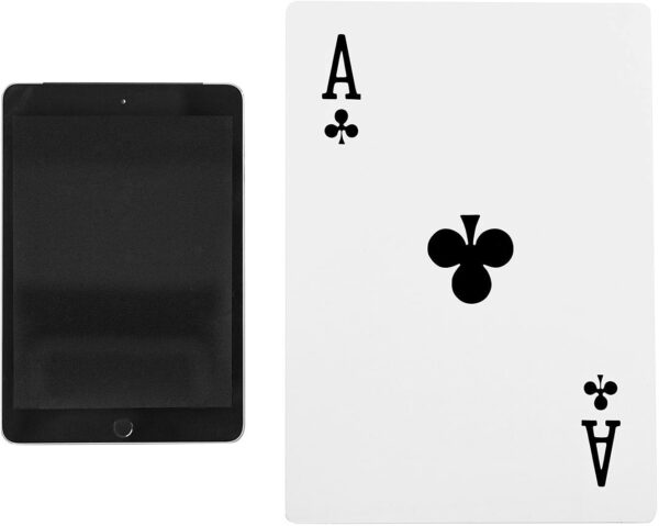 A Giant Jumbo Deck of Big Playing Cards Fun Full Poker Game Set. CQT100 and an ipad next to each other.
