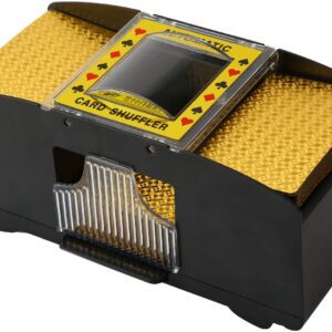 A black and gold 2 Deck Electronic Card Shuffler Battery Operated Automatic Poker Card Shuffling Machine Portable for Home Party Club Family Playing with a yellow cover. GETT Part CQT102.