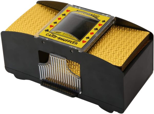 A black and gold 2 Deck Electronic Card Shuffler Battery Operated Automatic Poker Card Shuffling Machine Portable for Home Party Club Family Playing with a yellow cover. GETT Part CQT102.
