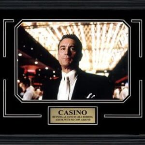 A Casino Movie Memorabilia Robert De NIRO as Sam 'Ace' Rothstein Framed Photo with Plate Custom Made Real Modern Charcoal Frame (15 x 12) with a picture of a man in a tuxedo.