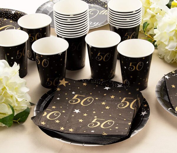 Black and gold 144 Pieces 50th Birthday Party Bundle, Includes Plates, Napkins, Cups, and Cutlery (24 Guests).