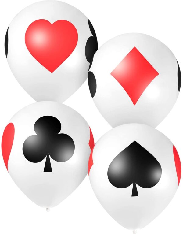 Four 12 Inch Casino Card Night Latex Balloons with hearts and spades.