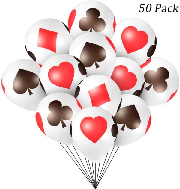 50 pack of 12 Inch Casino Card Night Latex Balloons, 50 Pack Poker Balloons Casino Party Balloons, Casino Night Poker Birthday Decorations with hearts and spades.