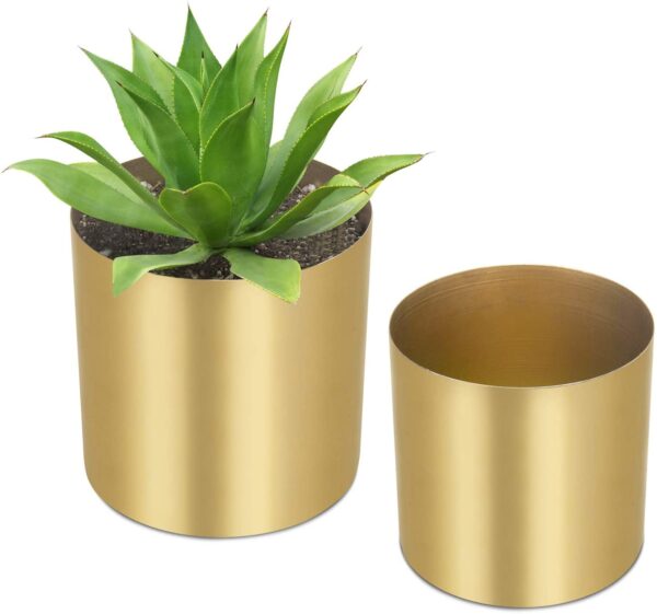 A MyGift Decorative Cylindrical Brass-Tone Brushed Metal Vase with a plant in it.