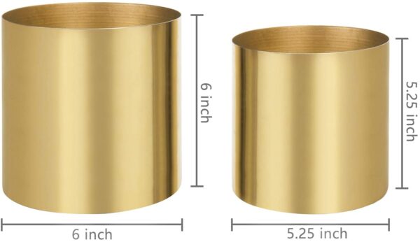 A pair of MyGift Decorative Cylindrical Brass-Tone Brushed Metal Vases with measurements.