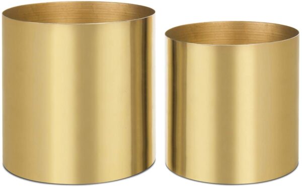 Two MyGift Decorative Cylindrical Brass-Tone Brushed Metal Vases on a white background.