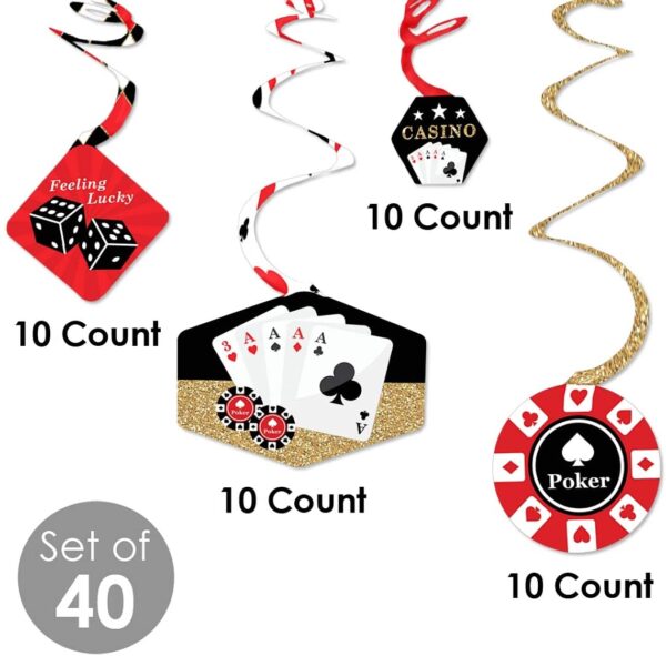 A Las Vegas - Casino Party Hanging Decor - Party Decoration Swirls - Set of 40 with poker chips and cards.