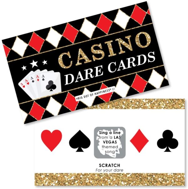 Big Dot of Happiness Las Vegas - Casino Party Game Scratch Off Dare Cards - 22 Count with a black background and gold glitter.