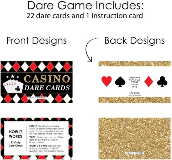 Big Dot of Happiness Las Vegas - Casino Party Game Scratch Off Dare Cards - 22 Count includes dare cards and instructions.