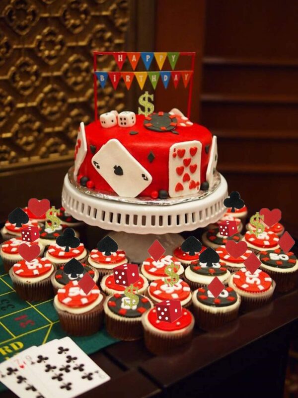 A casino themed Set of 32 Casino Cupcake toppers Poker Cupcake Toppers Vegas Theme Cupcake Toppers Gambling Cupcake Toppers Casino party decorations Vegas theme party Gambling party decorations Poker night decorations with playing cards.