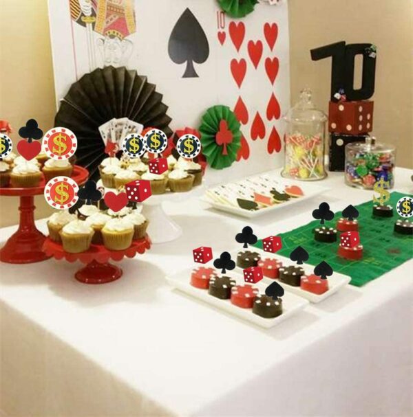 A casino themed birthday party with a Set of 32 Casino Cupcake toppers Poker Cupcake Toppers Vegas Theme Cupcake Toppers Gambling Cupcake Toppers Casino party decorations Vegas theme party Gambling party decorations Poker night decorations. GETT Part CQD138 and decorations.